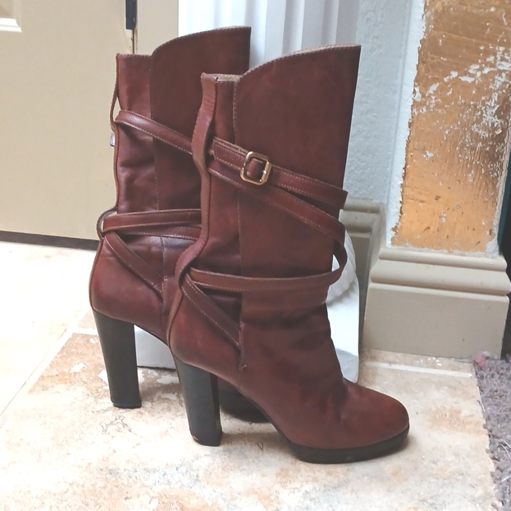 🔥 Chloe Brown Leather Biker Boots | Gold Buckle Mid-Calf Wrap Size 38 🔥